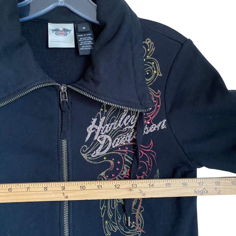 Harley Davidson Sweatshirt Women M Black Full Zip Double Side Graphic Rhinestone - Picture 4 of 10
